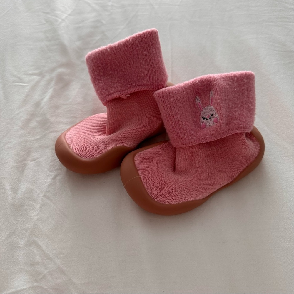 NWOT Pink Baby Booties with Brown Soles